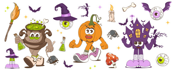 A set of fashionable Halloween characters. Fashionable retro style of the 70s, 80s. Pumpkin, cauldron, castle, groovy hat. Halloween Cartoon Characters