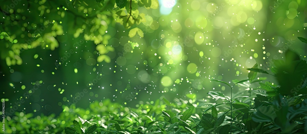 Poster blur and bokeh the green illumination in the forest. copy space image. place for adding text and des