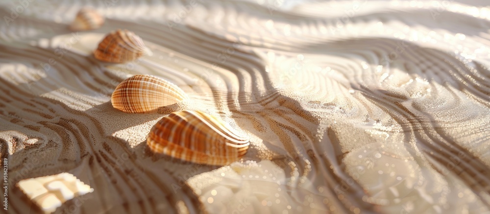 Sticker Seashells on sand with numerous lines drawn in it beach setting. Copy space image. Place for adding text and design