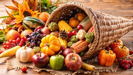 Colorful cornucopia filled with autumn harvest fruits and vegetables on a rustic wooden table