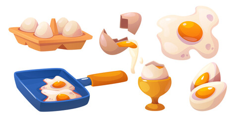 Chicken egg carton box package isolated vector icon. Raw hen yolk boiled on pan. Organic fresh and broken shell for cooking. Brown and white whole and crack breakfast product set with packaging.