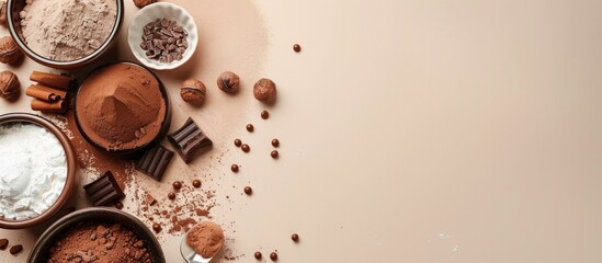 Fototapeta premium Ingredients for preparing chocolate treats. Copy space image. Place for adding text and design