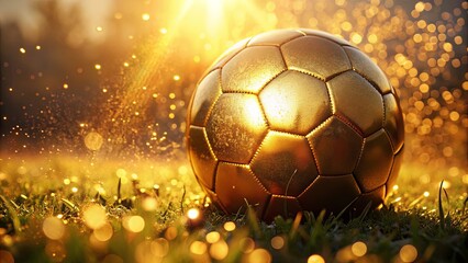 Fototapeta premium Golden soccer ball glistening in sunset light with dewdrops, perfect for sports or nature-themed designs