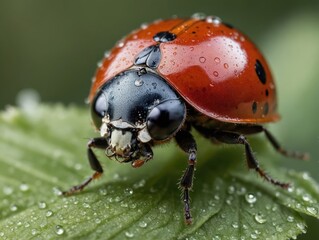 Fototapeta premium A red ladybug with black spots sits on a green leaf covered in water droplets.