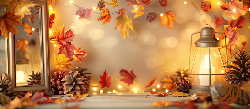 Autumn room decoration for home interiors Table display featuring a pine cone light garland yellow and red maple leaves a lamp and a mirror Background of maple leaves Lamp with yellow maple leaves Se - Powered by Adobe