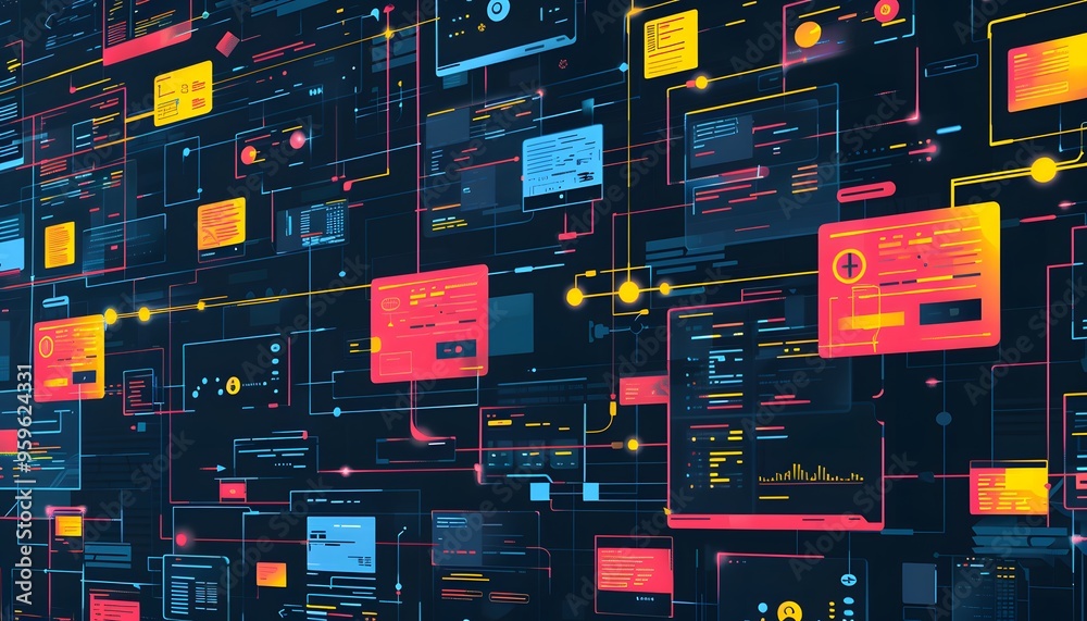 Poster abstract digital interface with illuminated screens and data connections, representing modern techno