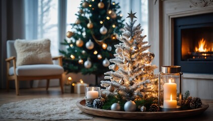 New year tree in Scandinavian style interior with Christmas decoration and fireplace