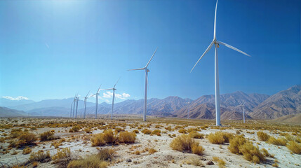 Wind turbines amidst desert landscape with mountain backdrop during bright daytime in a renewable energy setting
