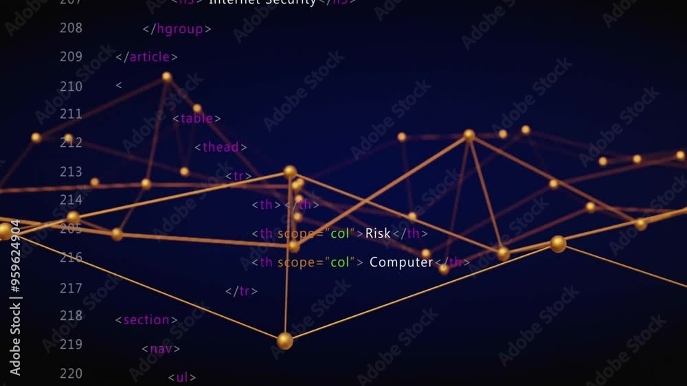 Poster html code and network connections animation over dark blue background