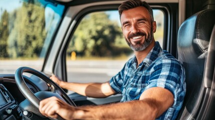 Obraz premium Happy professional truck driver enters compartment, drives his truck and looks at camera，Embracing Labor Day Spirit. Cultural Inclusivity in Transportation Industry. 4K Wallpaper for End-of-Season Lo 