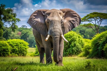 Fototapeta premium A photo image of a massive gray elephant with a long trunk and floppy ears, standing in a lush green jungle clearing on a sunny day.