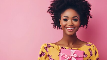 African American woman with gift box on pink background.