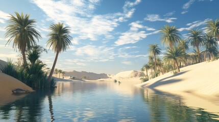 A tranquil oasis in the desert, with palm trees and a still pool of water reflecting the sky.