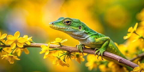 Fototapeta premium Close-up of a green lizard perched on a tree branch surrounded by yellow flowers, with a blurred background