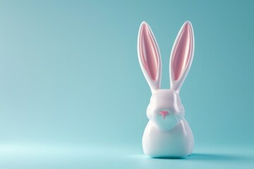 Fototapeta premium Front-facing shot of a white rabbit ear standing upright against a soft pastel blue background, symbolizing Easter day in a charming 3D rendering