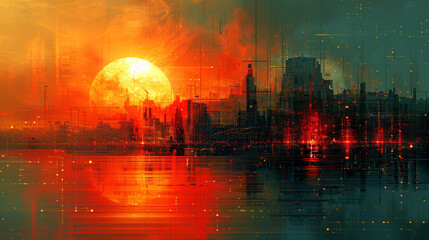 Fototapeta premium An abstract representation of a city under the glowing embrace of dusk, where the boundaries of reality blur and imagination soars-1