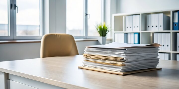Photo image of a solitary paper file sitting on a clean desk amidst a sea of empty white space