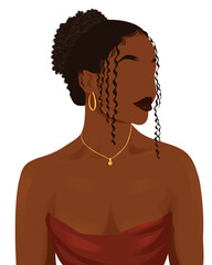Illustration of a Black woman with curly hair, showcasing natural beauty and vibrant style, perfect for fashion, beauty, and cultural content.