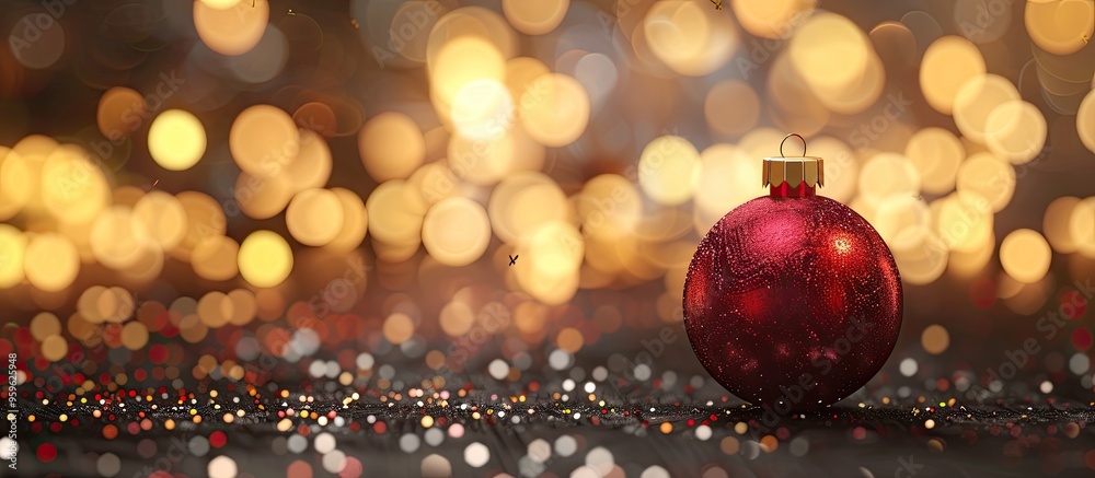 Poster red christmas bauble on a bokeh background. copy space image. place for adding text and design