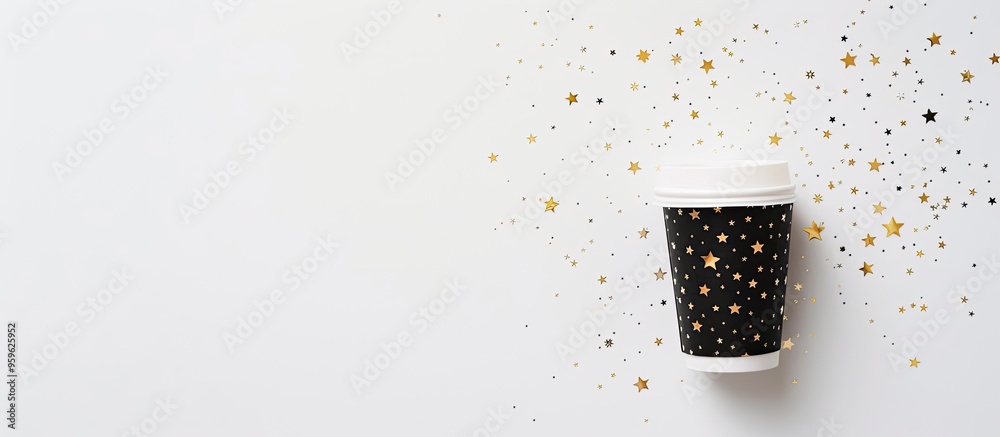 Wall mural Holiday or party backdrop idea featuring small golden stars and a paper cup on a white background Flat lay top view copyspace