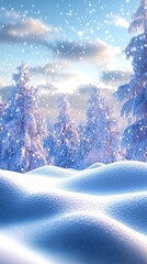 Snowy forest with a snow-covered field in the foreground.