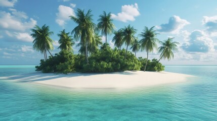 Fototapeta premium A small tropical island with palm trees and white sand beach surrounded by turquoise water.