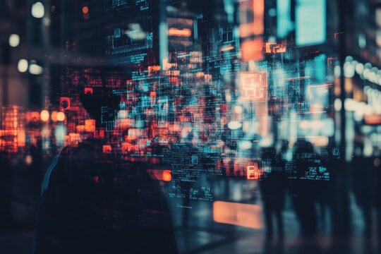 double exposure of  technology with people at night time background. Facial recognition technology with artificial intelligent theme