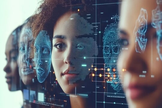 Facial recognition software analyzing facial features of women, theme of technology,  privacy, bias, and surveillance.