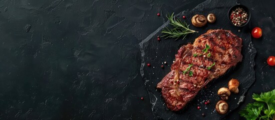 Savory pork steak seasoned with spices and grilled mushrooms on a dark stone backdrop Top view and copy space