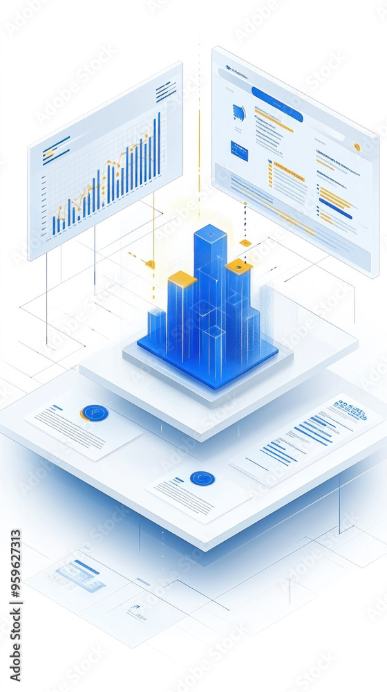 Poster a computer screen shows a 3d model of a building with a blue and white background. the building is s