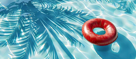 Red pool float ring drifting in a cool blue swimming pool with the shadow of a coconut tree Copyspace summer vacation theme