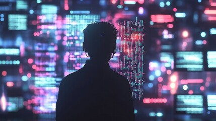 A conceptual cybersecurity digital art piece showing a hacker silhouette against a backdrop of glowing computer screens filled with code