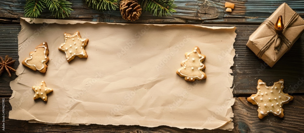 Poster Christmas cookies and letter paper with copyspace on a wooden background