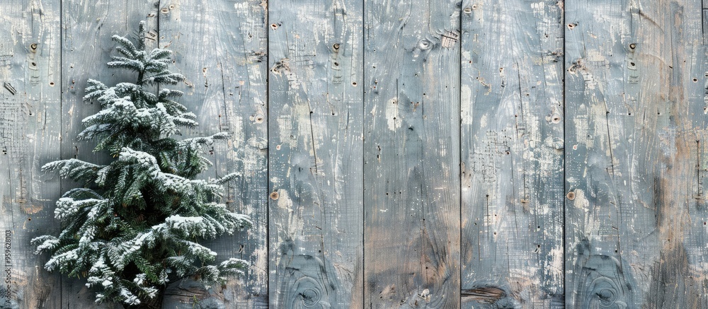 Poster fir tree on a weathered wooden backdrop. copy space image. place for adding text and design