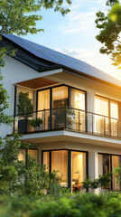 Fototapeta premium A large white house with a green roof and a balcony. The house is surrounded by trees and has a sunny, bright atmosphere