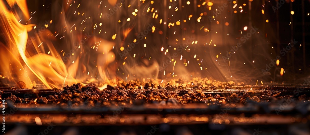 Wall mural Sparks eject from the grill creating a long trail The background is blurred This is a long exposure photo capturing the preparation of coals for grilling meat. Copy space image