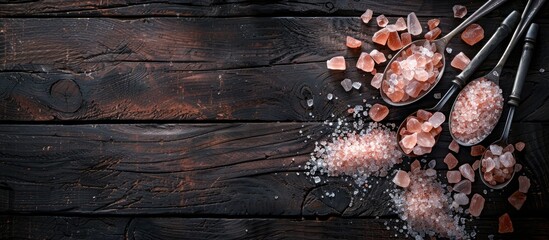 Large pink Himalayan salt crystals are surrounded by ground pink Himalayan salt grains with metal measuring spoons on a dark wood background There is space to add your own text. Copy space image