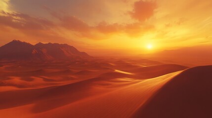 A vibrant sunset casts a warm glow over a vast desert landscape, with rolling sand dunes stretching out towards the horizon.