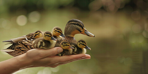 A family of ducks swimming in a pond
