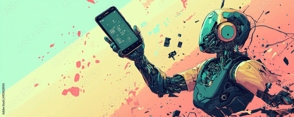 Poster a robot is holding a cell phone in its hand. the robot is surrounded by a colorful background with s