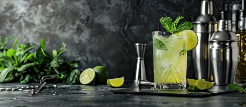 Final word green cocktail made with dry gin herbal liqueur lime juice mint and ice Black bar counter backdrop featuring steel bar tools and bottles. Copy space image. Place for adding text and design
