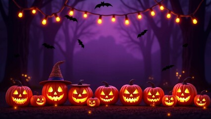 Glowing Jack-o'-Lanterns with Witch Hats in a Spooky Forest Setting