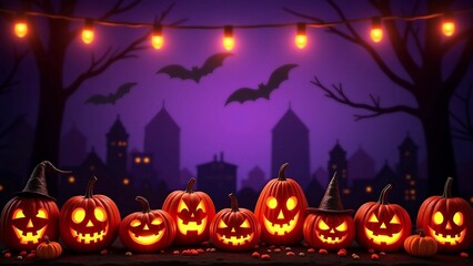 Glowing Jack-o'-Lanterns with Witch Hats in a Spooky Forest Setting