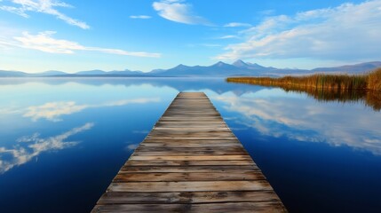 A wooden pier extends out into a calm lake with a mountain range in the distance reflected in the water.