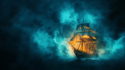 A ghost ship sailing through stormy night, illuminated by eerie light amidst swirling fog, creates haunting atmosphere.