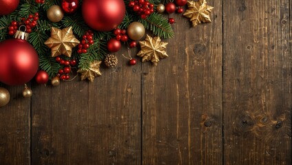  Red and gold Christmas ornament corner border banner. Above view on a rustic wood background