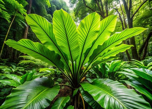 In the lush rainforest, a snapshot captures the tender unfurling of large green calladium leaves, their delicate edges slowly revealing the beauty of the jungle.