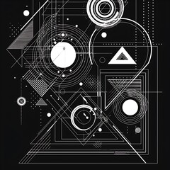 Obraz premium A bold white line illustration of overlapping geometric shapes, with a focus on triangles, circles, and hexagons, creating an abstract, futuristic design. 8k UHD, suitable for high-quality printing 