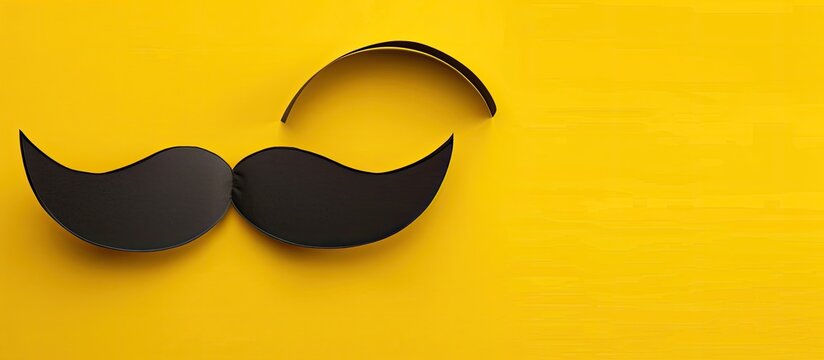 Happy Father s Day birthday party Purim Halloween theme Black paper mustache with copyspace for text on a yellow background Top view