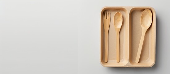 Eco friendly single use cutlery Unfilled food delivery container on a white background with copyspace